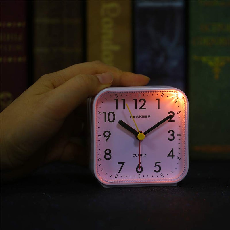 Peakeep Small Battery Operated Analog Travel Alarm Clock Silent No Ticking  Lighted on Demand and Snooze  Beep Sounds  Gentle Wake  Ascending Alarm  Easy Set (White) - Image 5